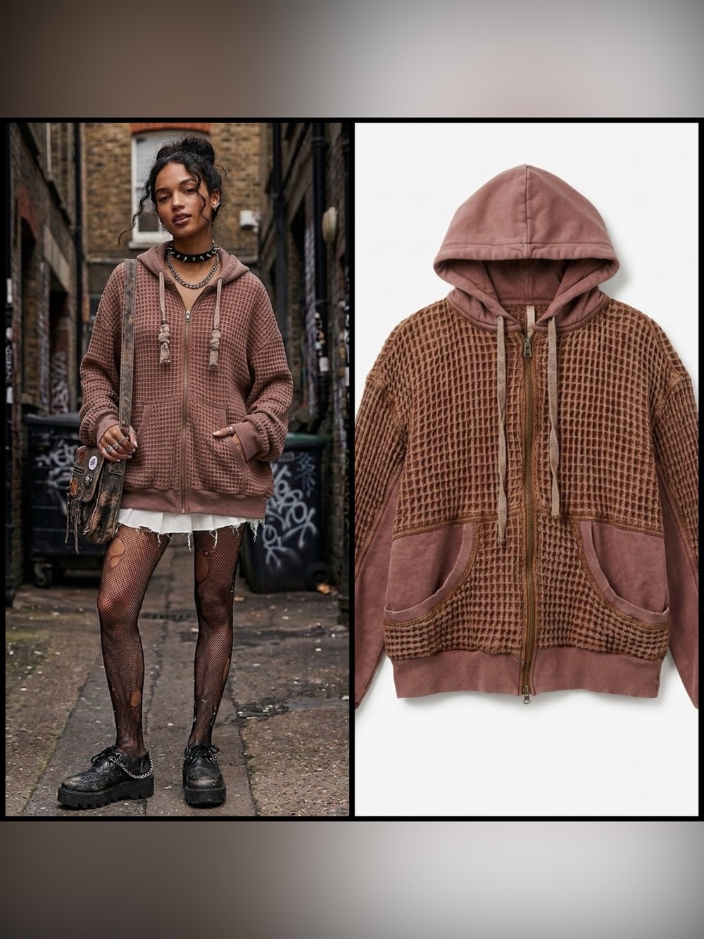 Urban Outfitters BDG Field Day Waffle Knit Zip Up Hoodie Sun Faded Mauve Brown S